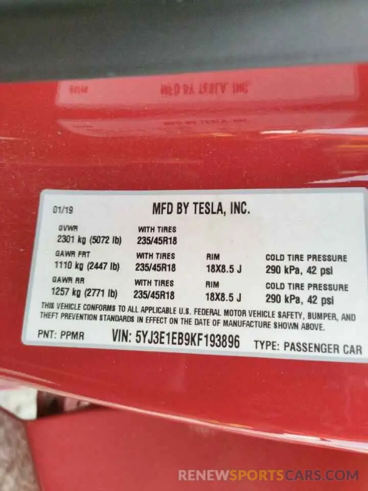 10 fotografías del automóvil dañado 5YJ3E1EB9KF193896 TESLA MODEL 3 2019