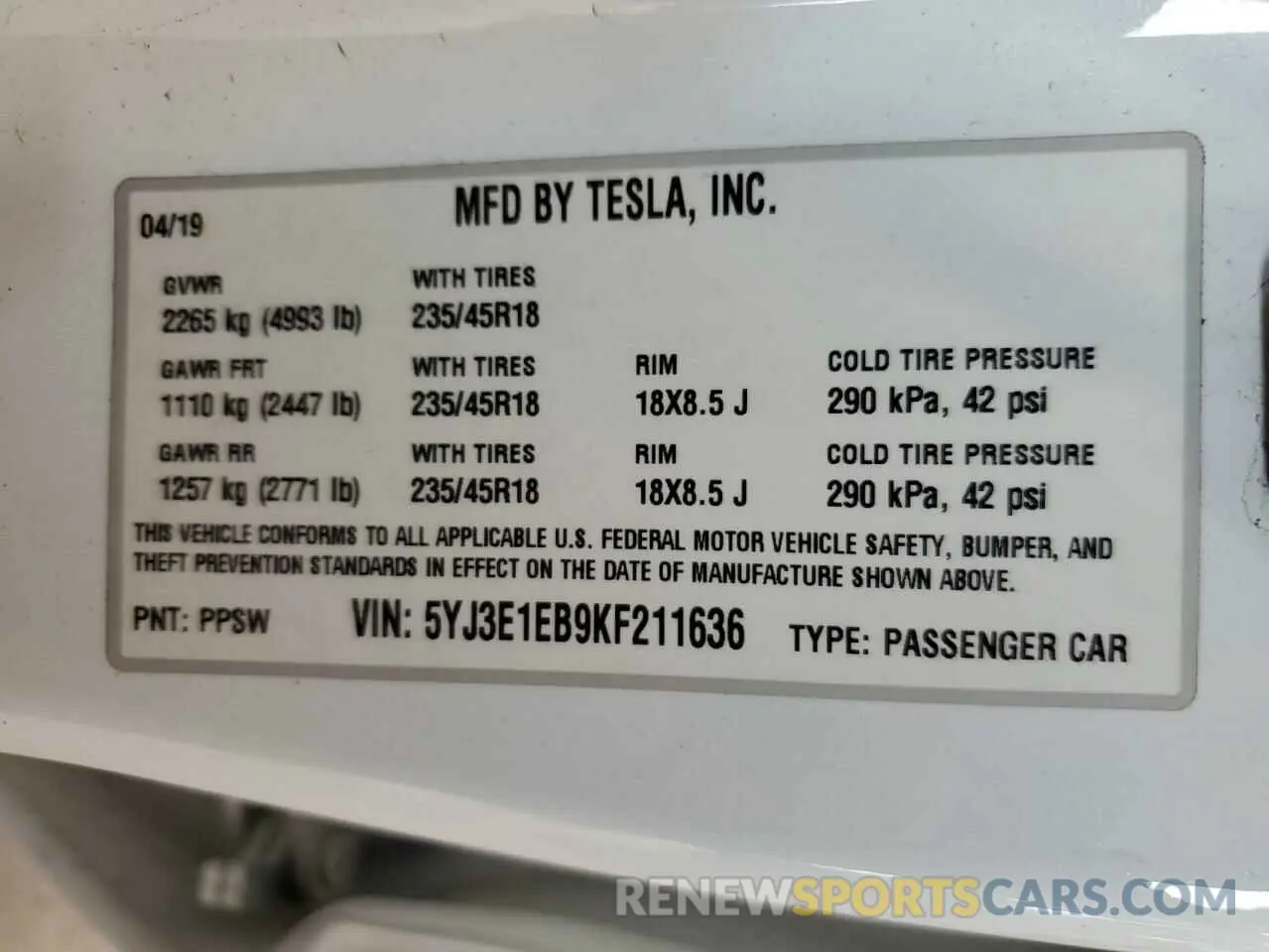 12 fotografías del automóvil dañado 5YJ3E1EB9KF211636 TESLA MODEL 3 2019