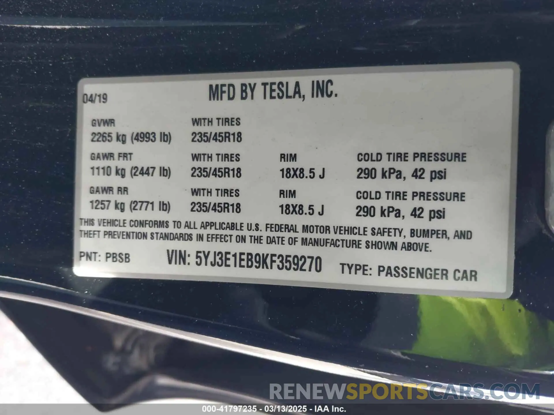 9 fotografías del automóvil dañado 5YJ3E1EB9KF359270 TESLA MODEL 3 2019