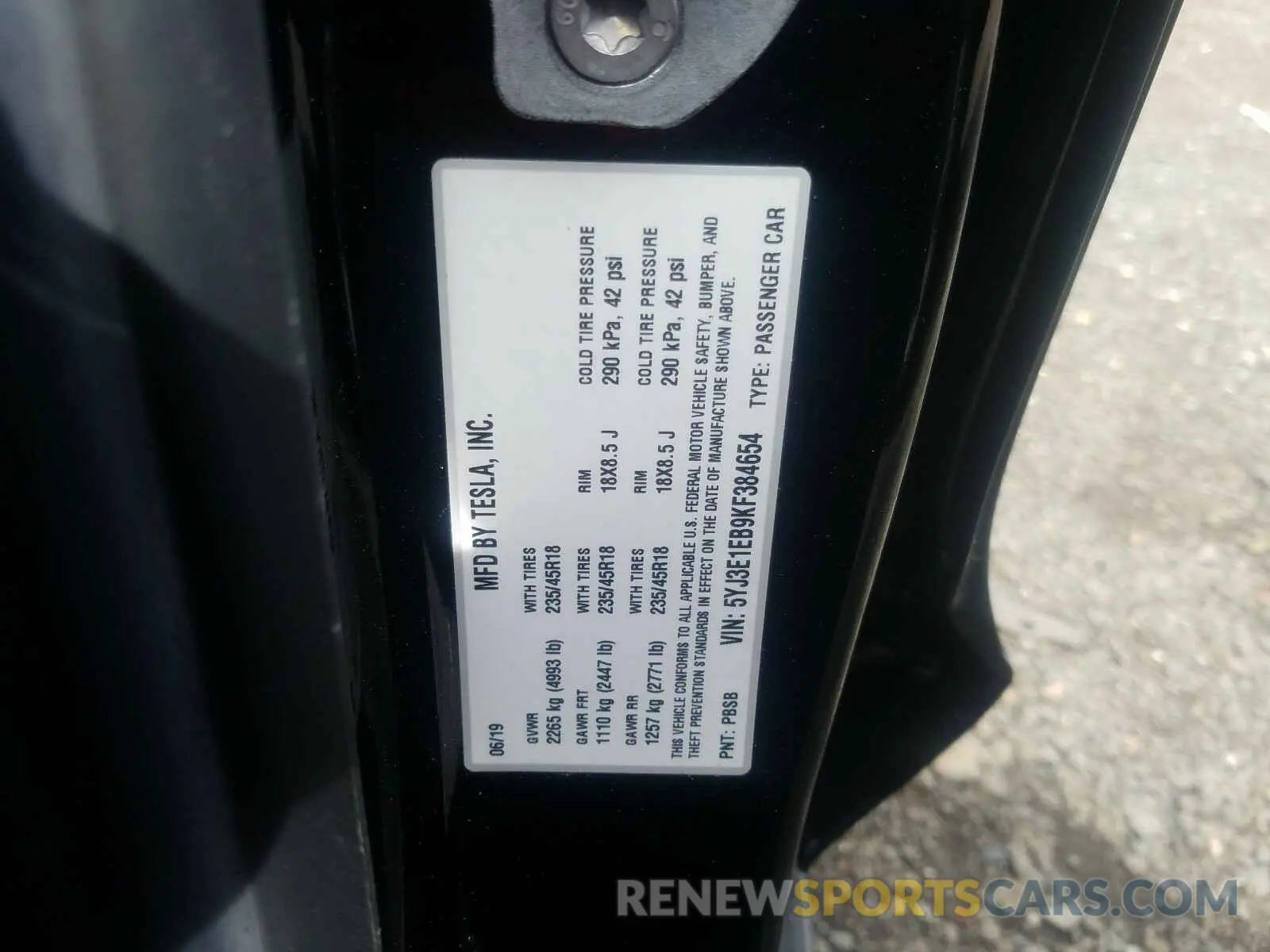10 fotografías del automóvil dañado 5YJ3E1EB9KF384654 TESLA MODEL 3 2019