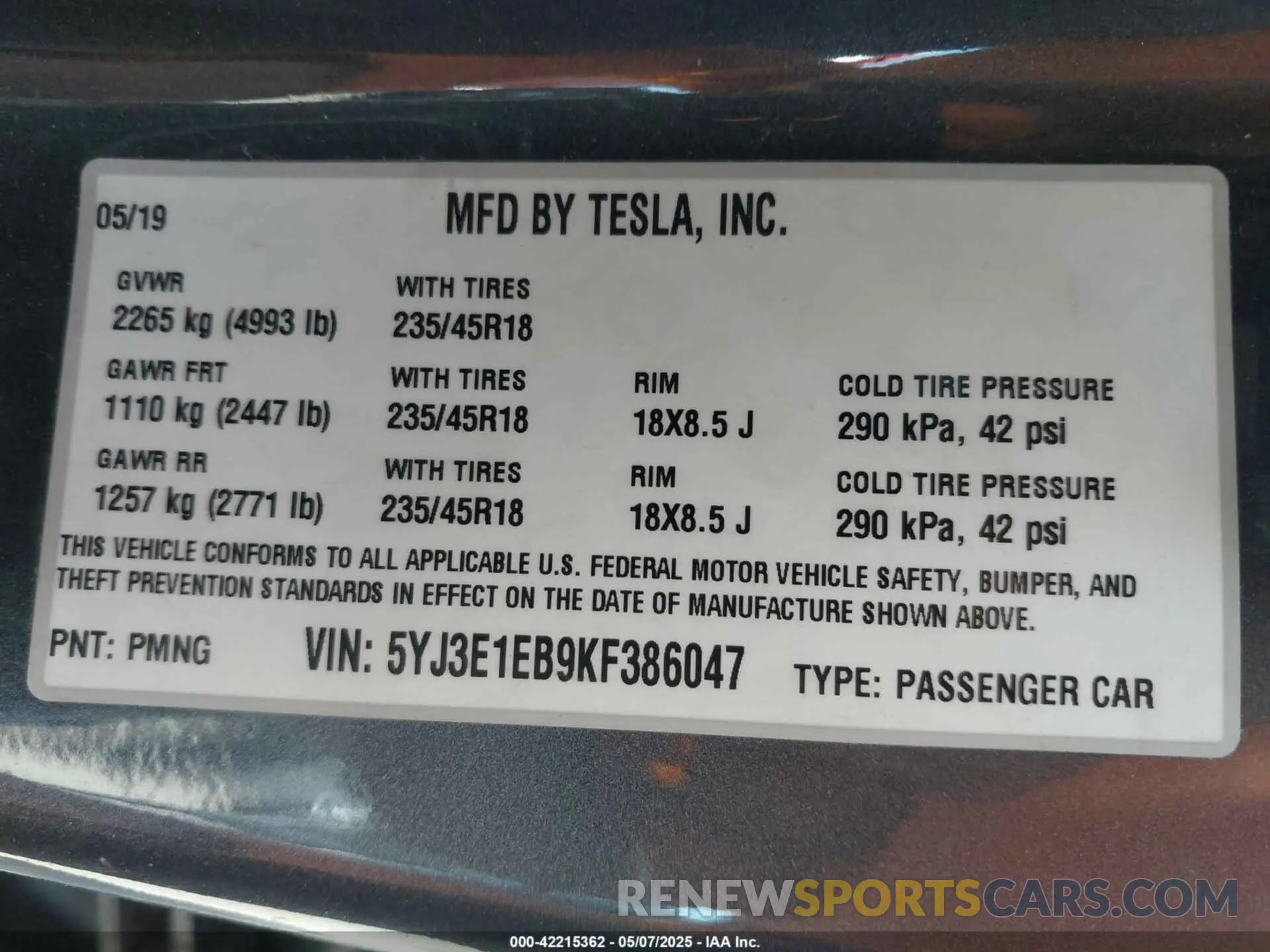 9 fotografías del automóvil dañado 5YJ3E1EB9KF386047 TESLA MODEL 3 2019