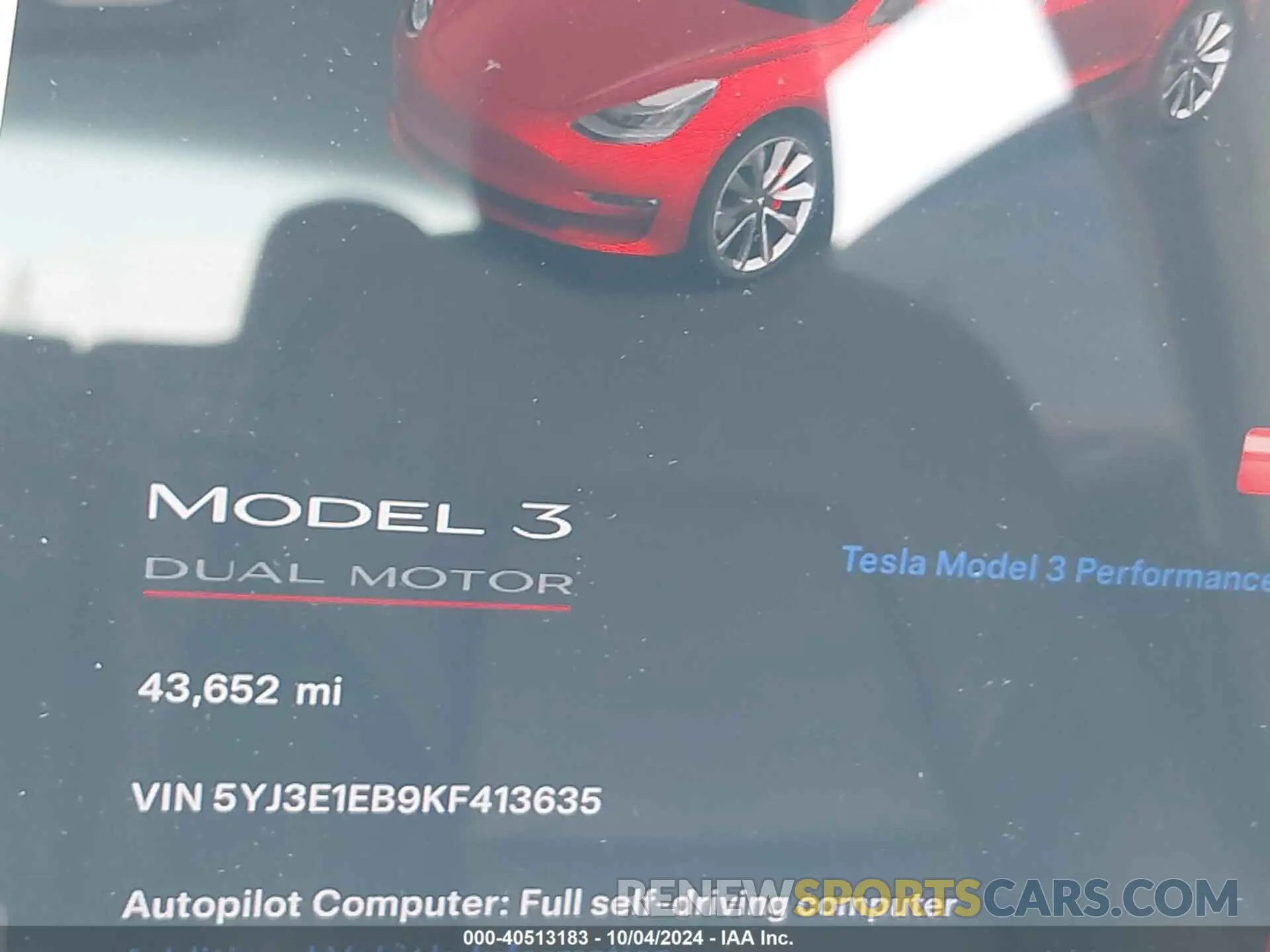 15 fotografías del automóvil dañado 5YJ3E1EB9KF413635 TESLA MODEL 3 2019