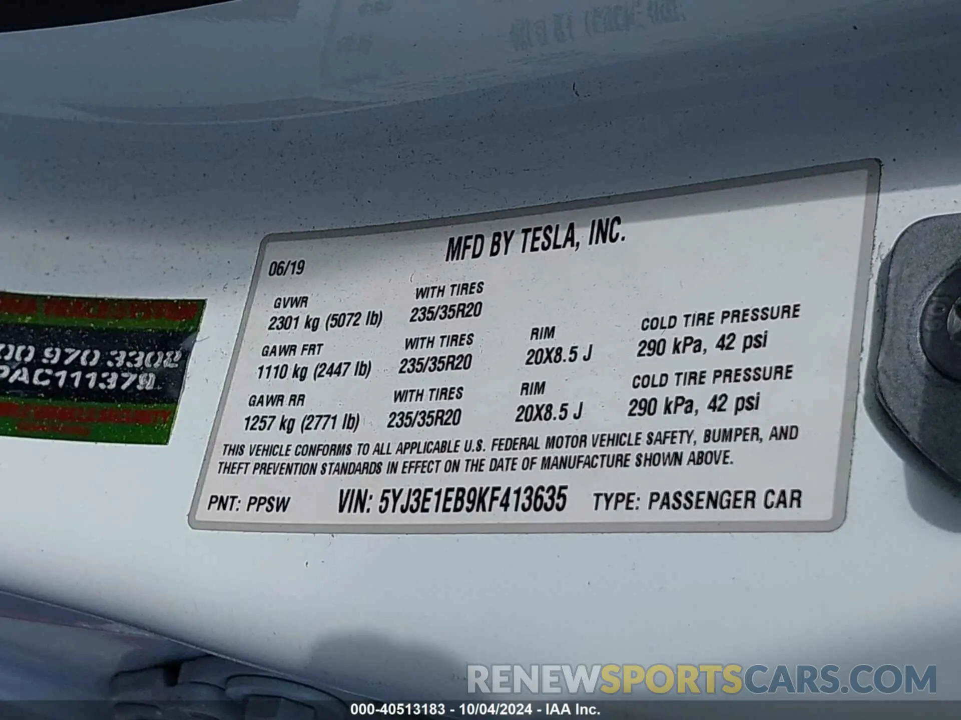 9 fotografías del automóvil dañado 5YJ3E1EB9KF413635 TESLA MODEL 3 2019