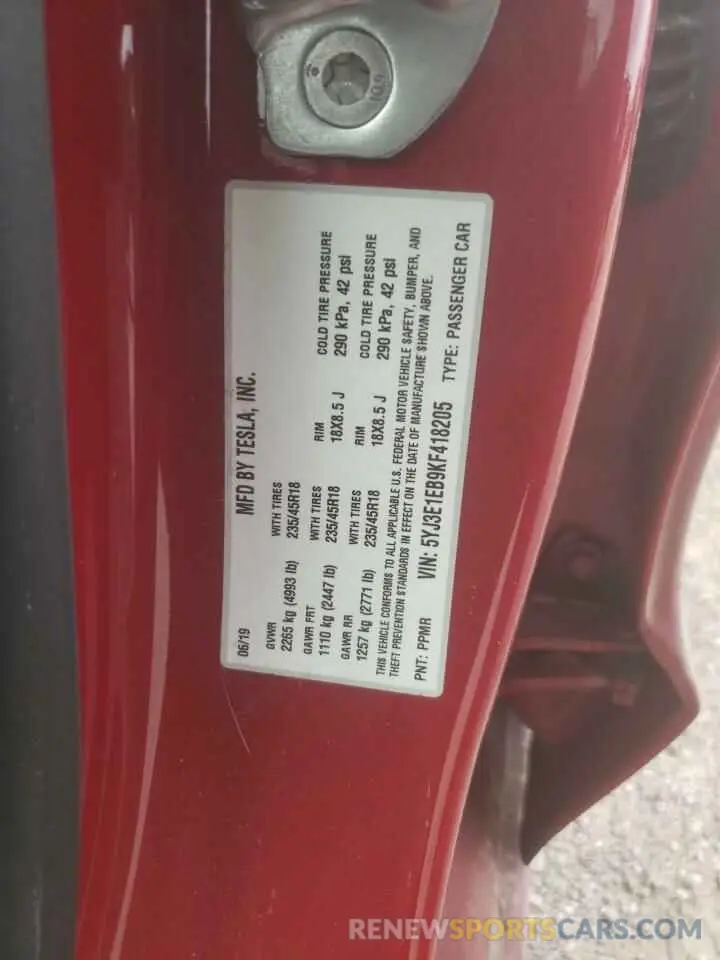 13 fotografías del automóvil dañado 5YJ3E1EB9KF418205 TESLA MODEL 3 2019