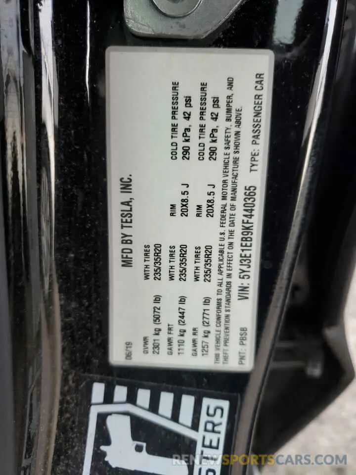 12 fotografías del automóvil dañado 5YJ3E1EB9KF440365 TESLA MODEL 3 2019