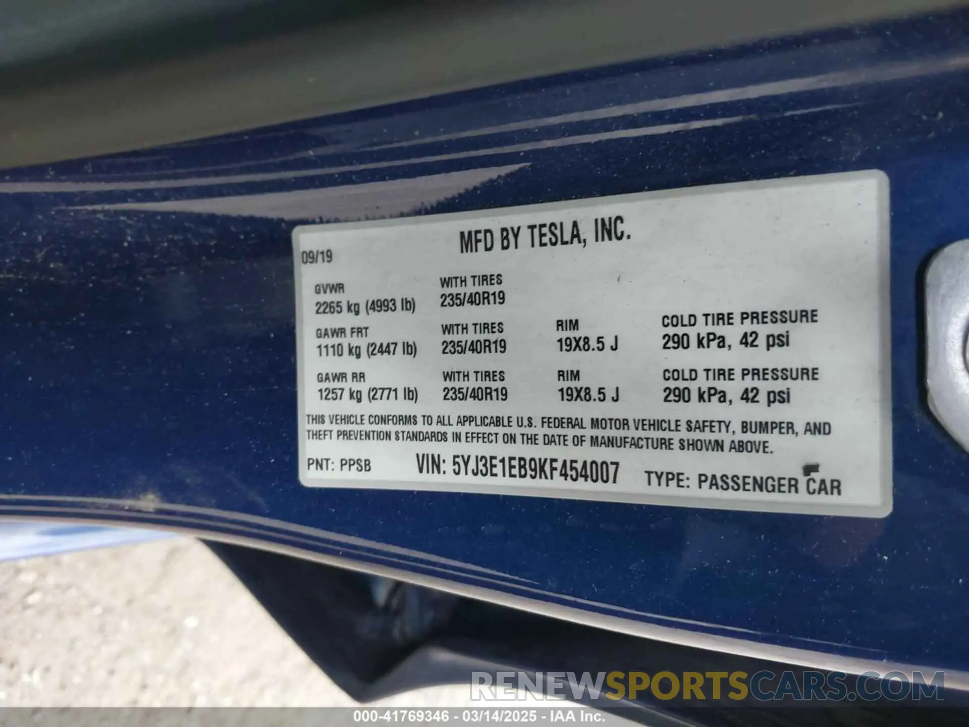 9 fotografías del automóvil dañado 5YJ3E1EB9KF454007 TESLA MODEL 3 2019