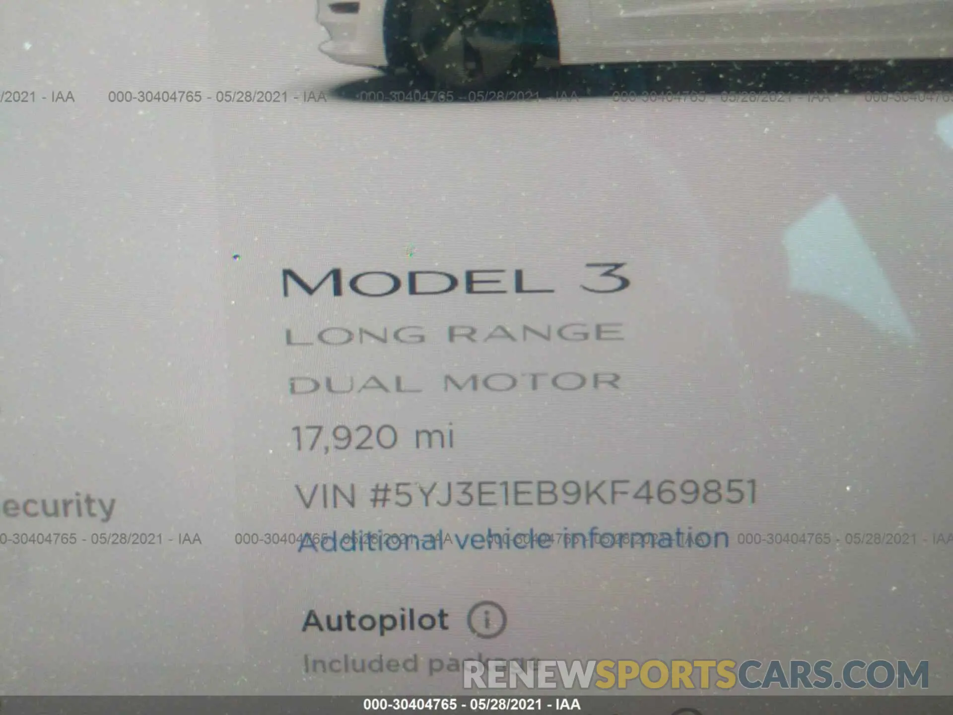 7 fotografías del automóvil dañado 5YJ3E1EB9KF469851 TESLA MODEL 3 2019