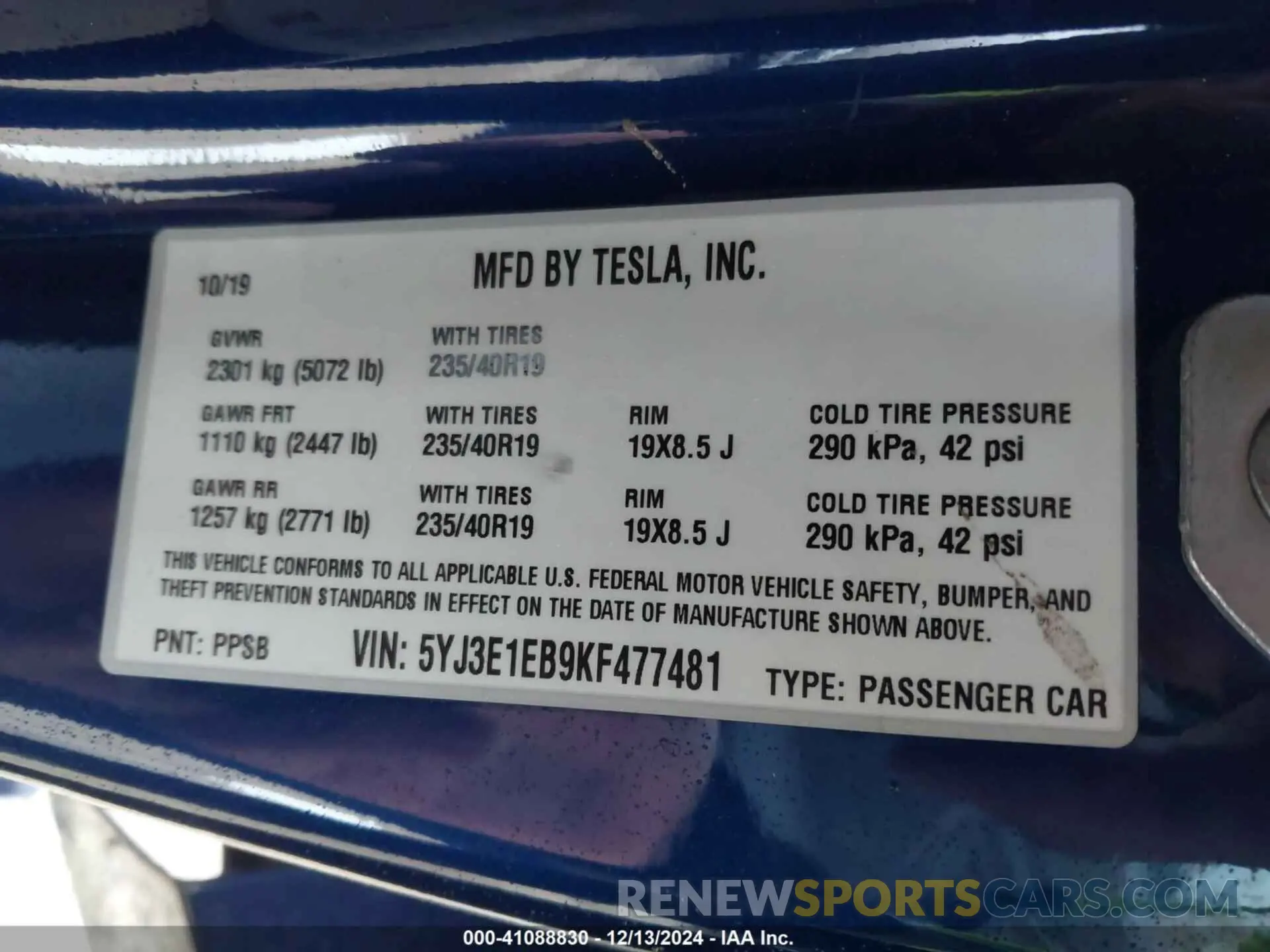 9 fotografías del automóvil dañado 5YJ3E1EB9KF477481 TESLA MODEL 3 2019