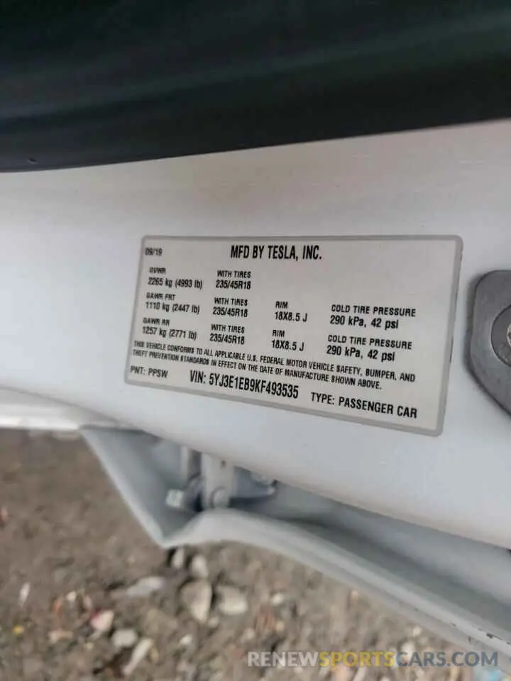 10 fotografías del automóvil dañado 5YJ3E1EB9KF493535 TESLA MODEL 3 2019