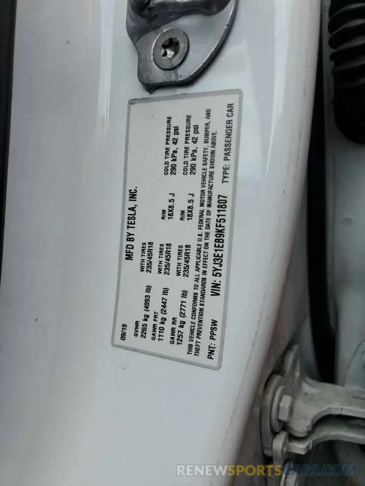 13 fotografías del automóvil dañado 5YJ3E1EB9KF511807 TESLA MODEL 3 2019