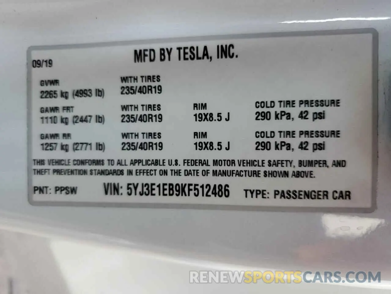 14 fotografías del automóvil dañado 5YJ3E1EB9KF512486 TESLA MODEL 3 2019