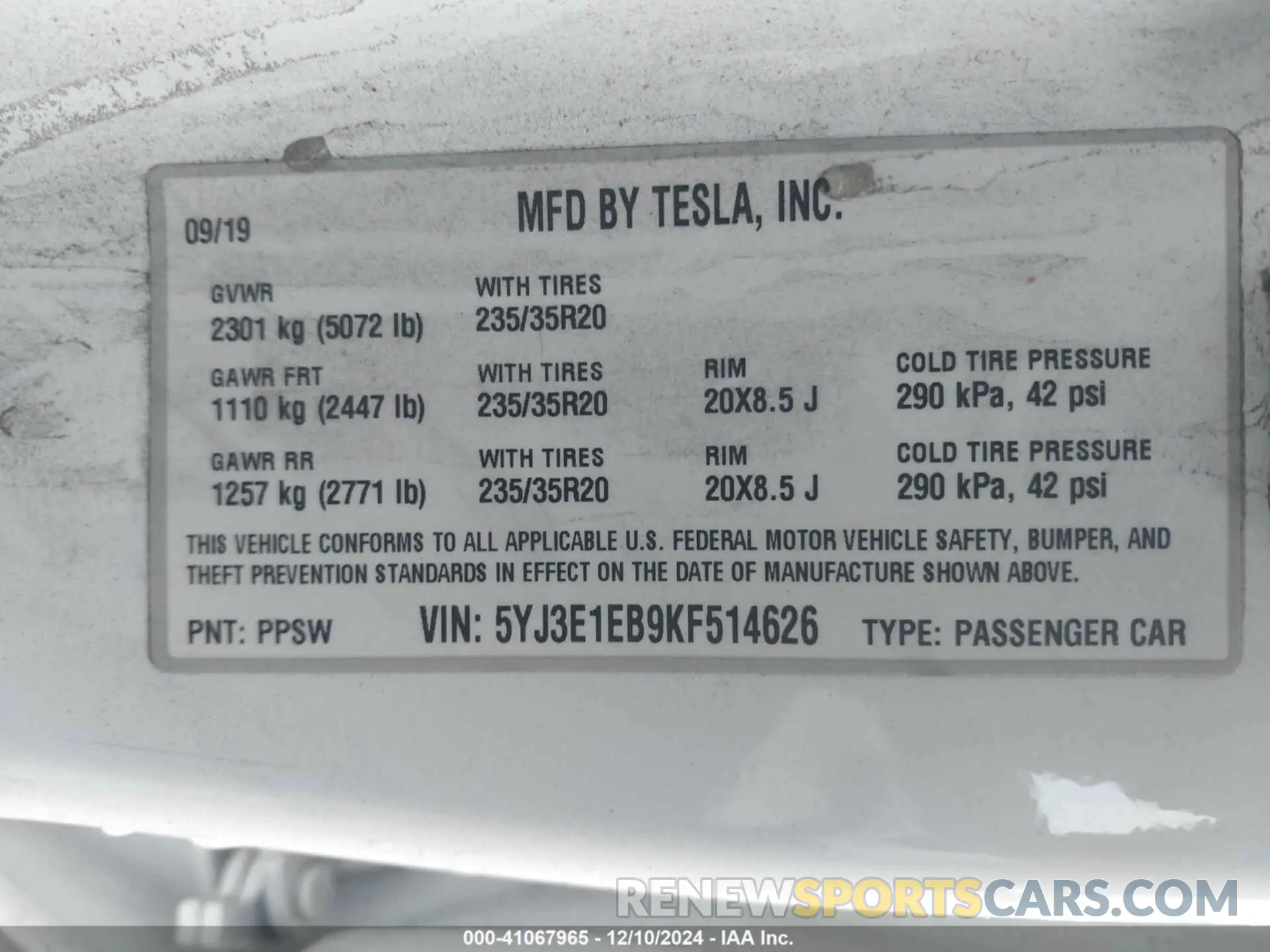 9 fotografías del automóvil dañado 5YJ3E1EB9KF514626 TESLA MODEL 3 2019