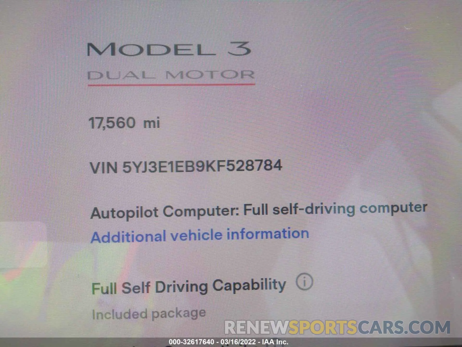 7 fotografías del automóvil dañado 5YJ3E1EB9KF528784 TESLA MODEL 3 2019