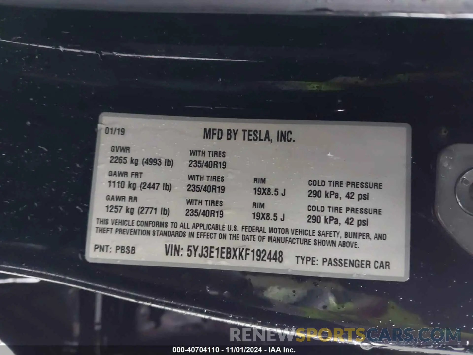 9 fotografías del automóvil dañado 5YJ3E1EBXKF192448 TESLA MODEL 3 2019