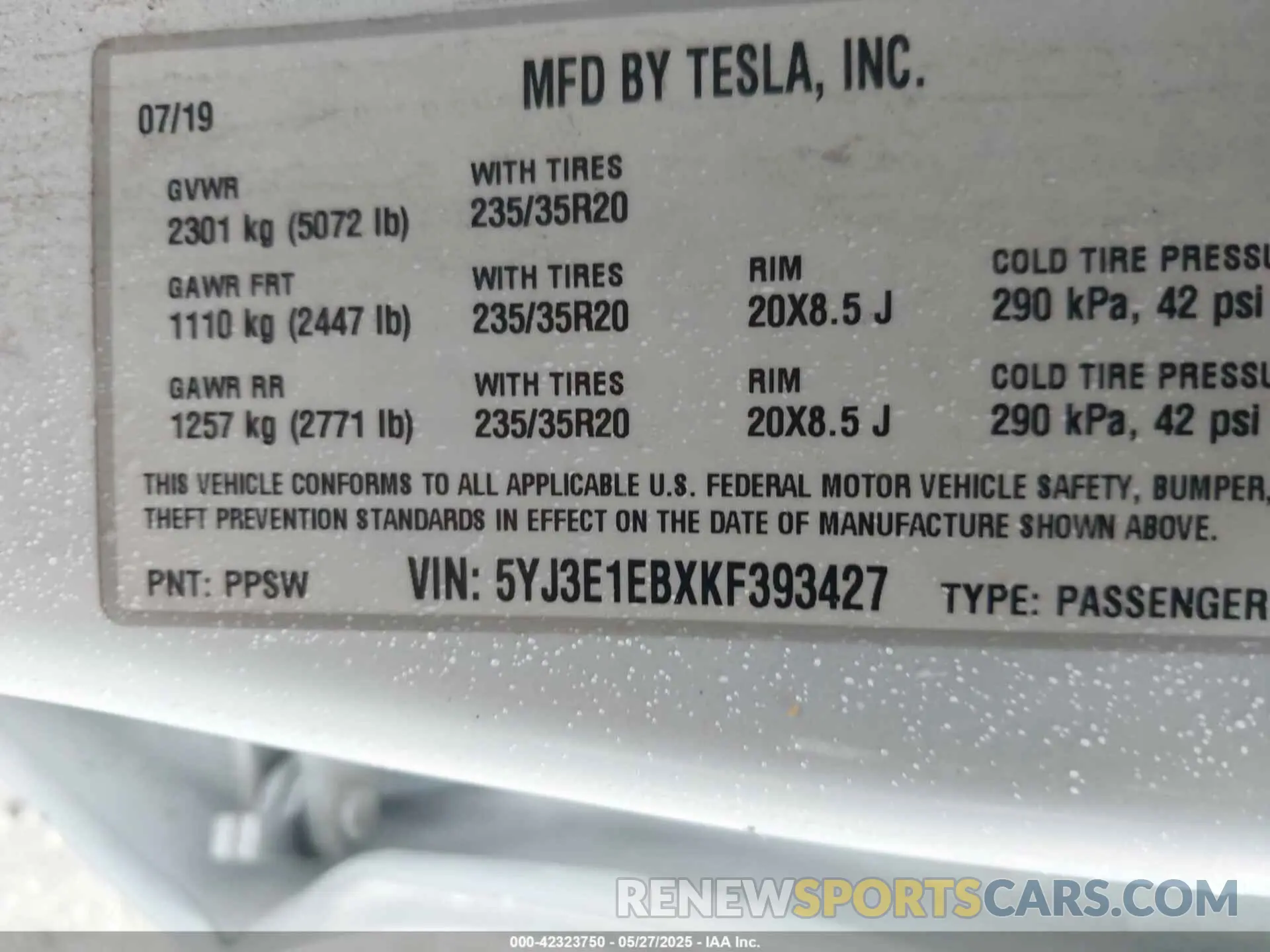 9 fotografías del automóvil dañado 5YJ3E1EBXKF393427 TESLA MODEL 3 2019