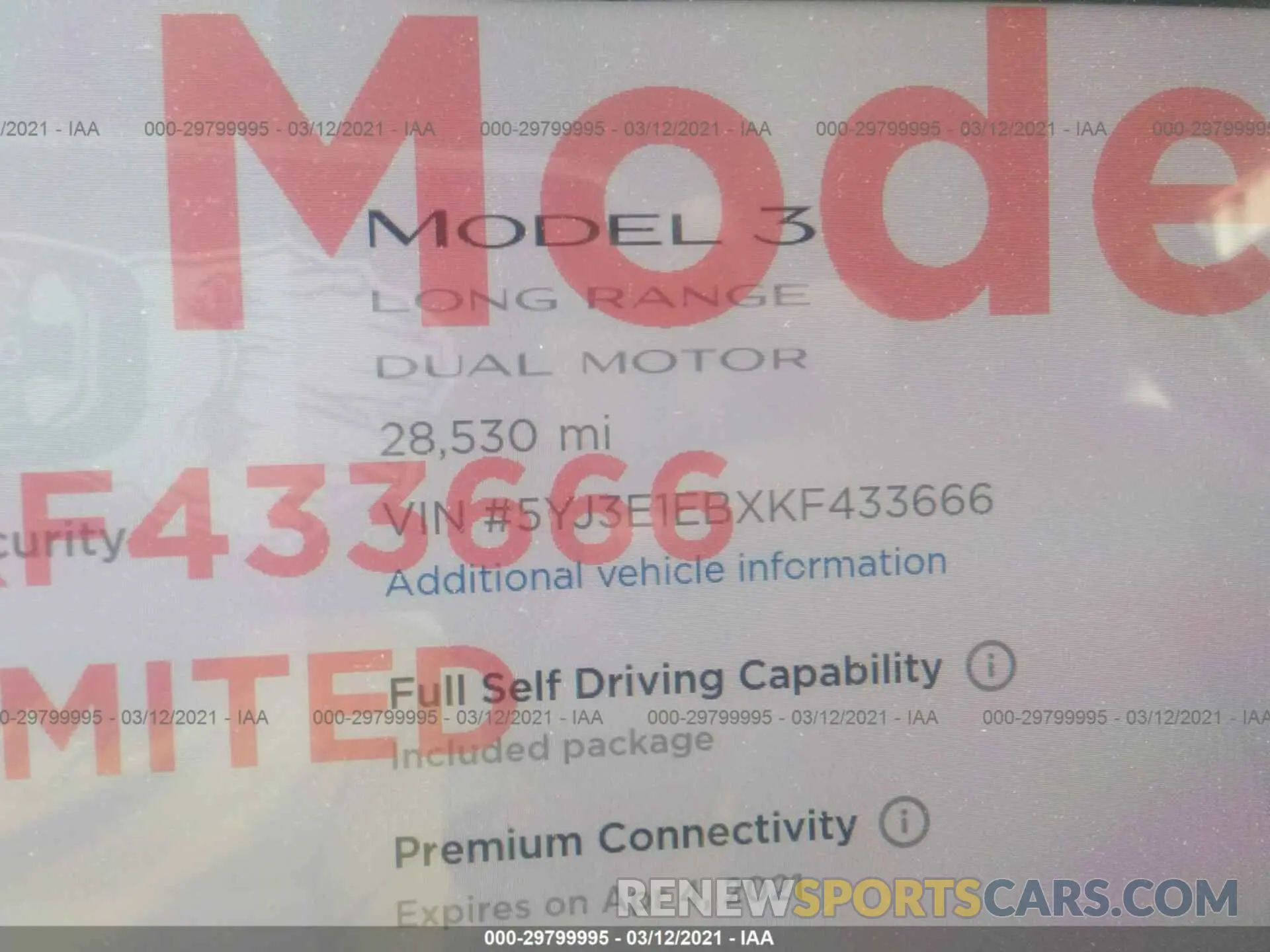 7 fotografías del automóvil dañado 5YJ3E1EBXKF433666 TESLA MODEL 3 2019