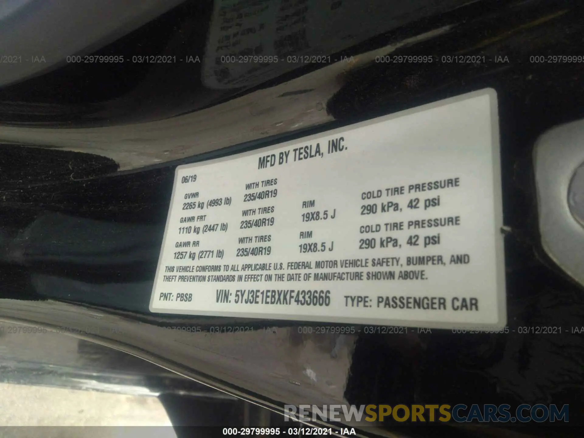 9 fotografías del automóvil dañado 5YJ3E1EBXKF433666 TESLA MODEL 3 2019