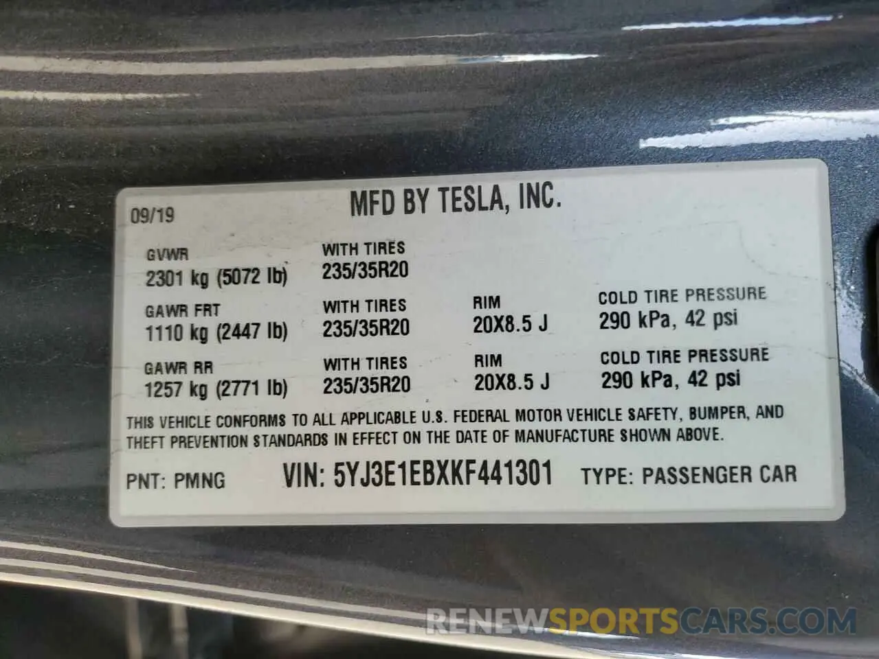 12 fotografías del automóvil dañado 5YJ3E1EBXKF441301 TESLA MODEL 3 2019