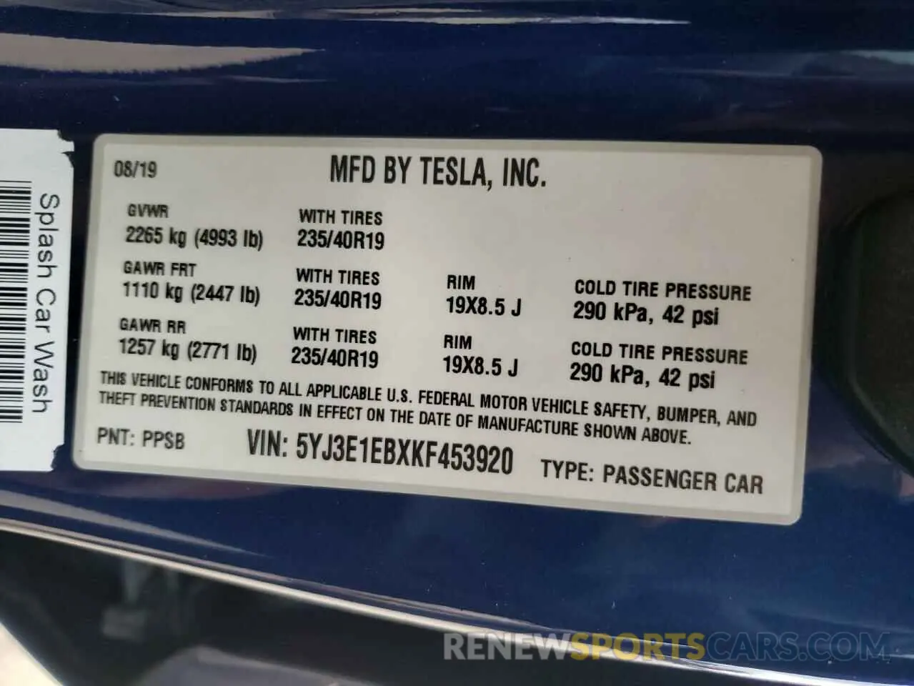10 fotografías del automóvil dañado 5YJ3E1EBXKF453920 TESLA MODEL 3 2019