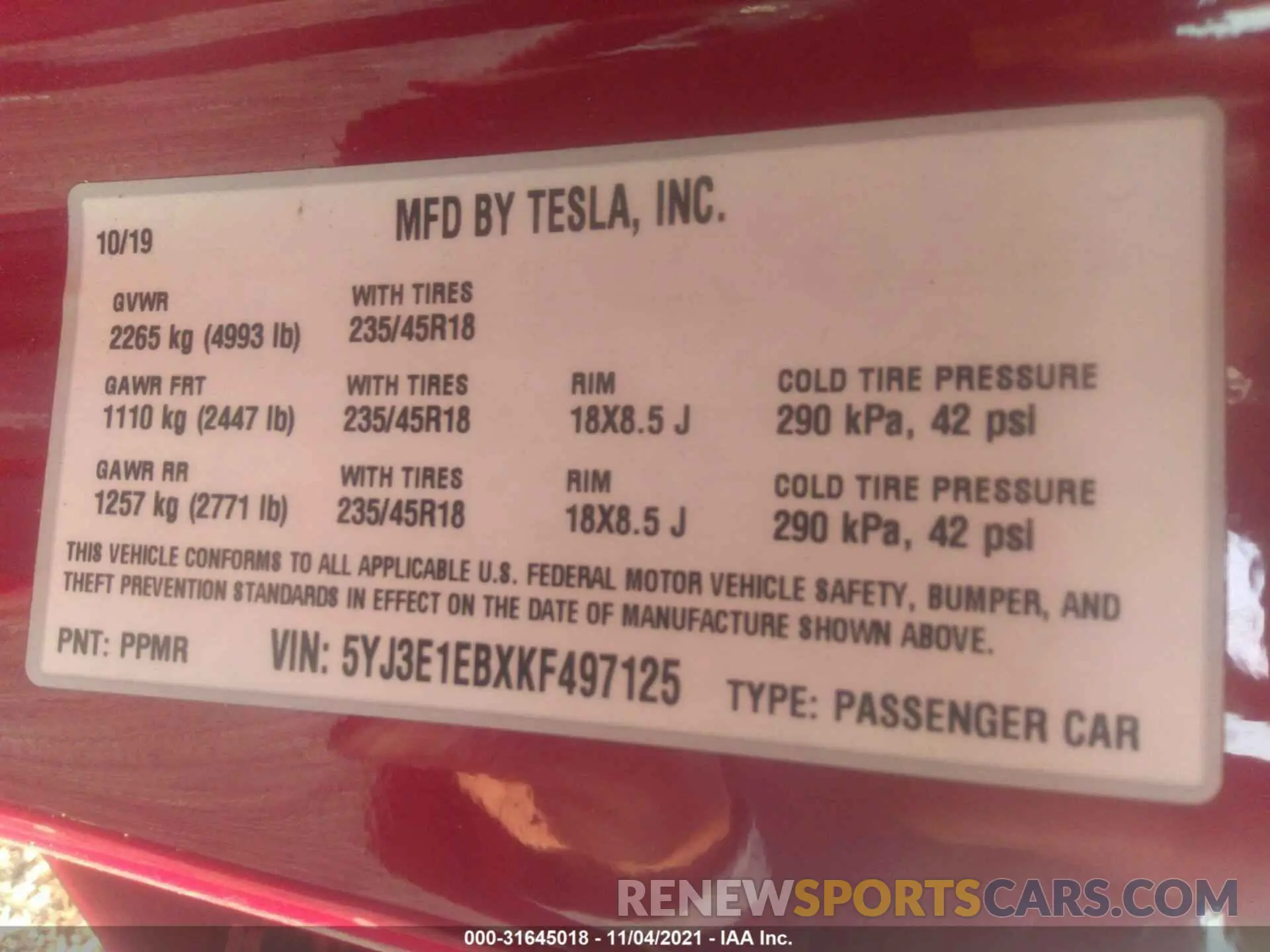 9 fotografías del automóvil dañado 5YJ3E1EBXKF497125 TESLA MODEL 3 2019