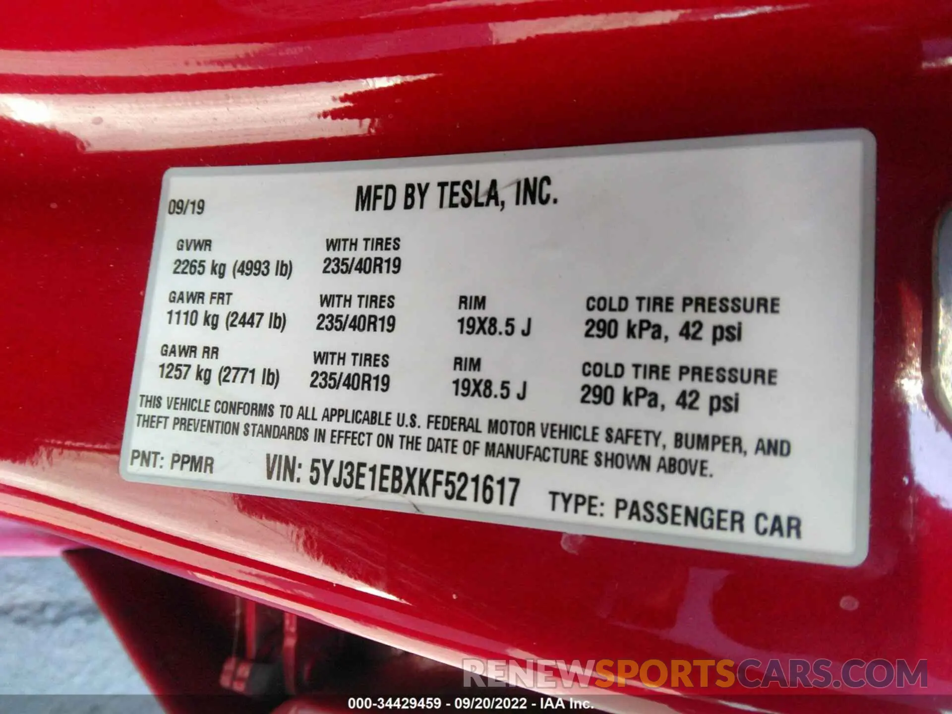 9 fotografías del automóvil dañado 5YJ3E1EBXKF521617 TESLA MODEL 3 2019