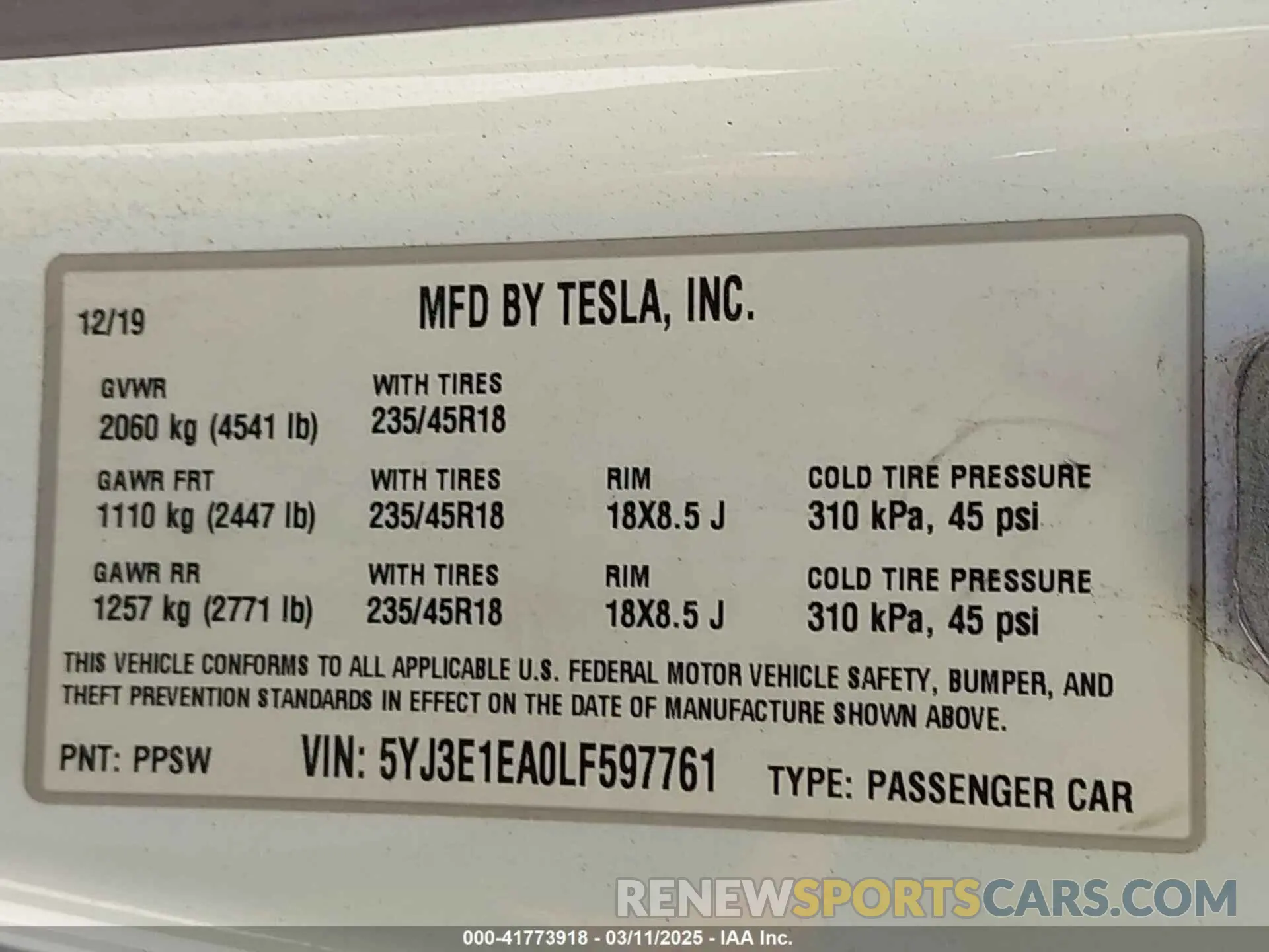 9 fotografías del automóvil dañado 5YJ3E1EA0LF597761 TESLA MODEL 3 2020