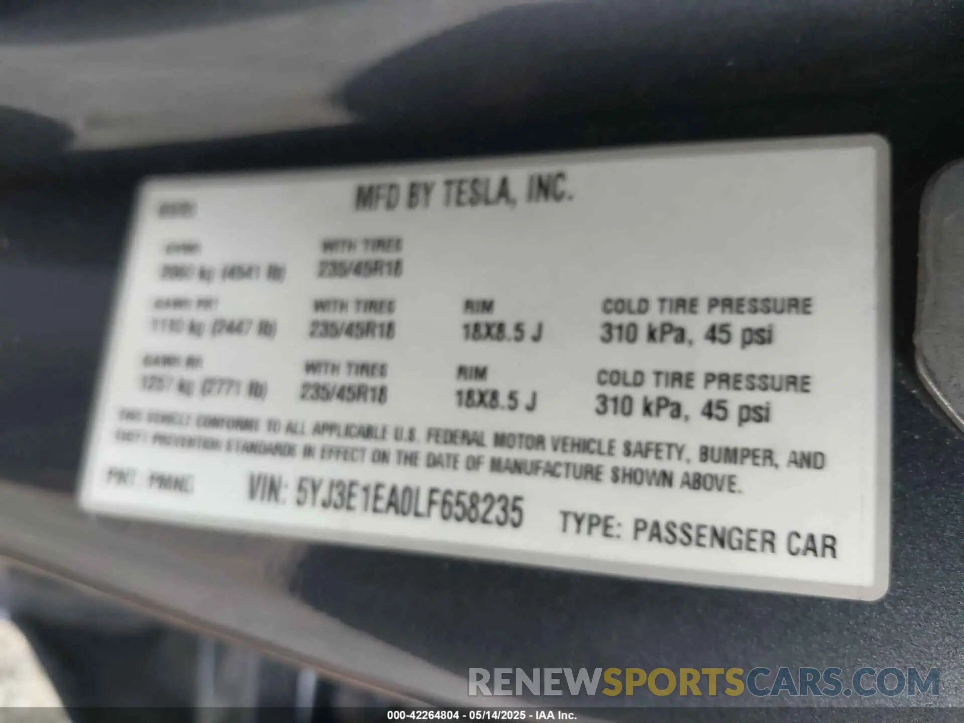 8 fotografías del automóvil dañado 5YJ3E1EA0LF658235 TESLA MODEL 3 2020