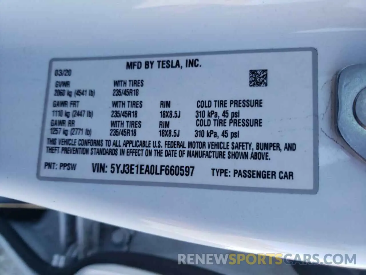 10 fotografías del automóvil dañado 5YJ3E1EA0LF660597 TESLA MODEL 3 2020