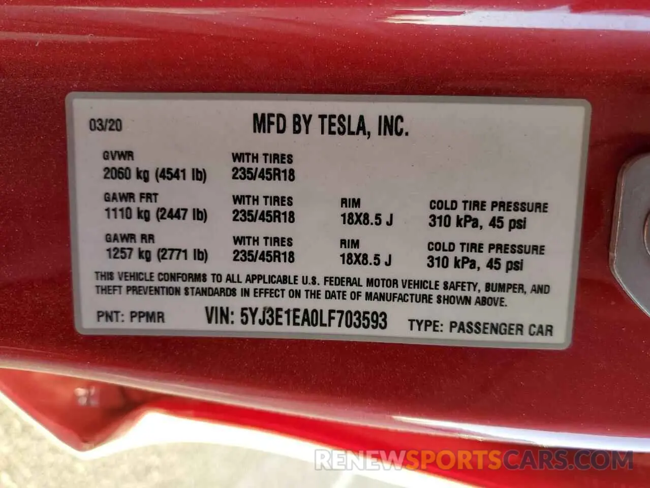 13 fotografías del automóvil dañado 5YJ3E1EA0LF703593 TESLA MODEL 3 2020