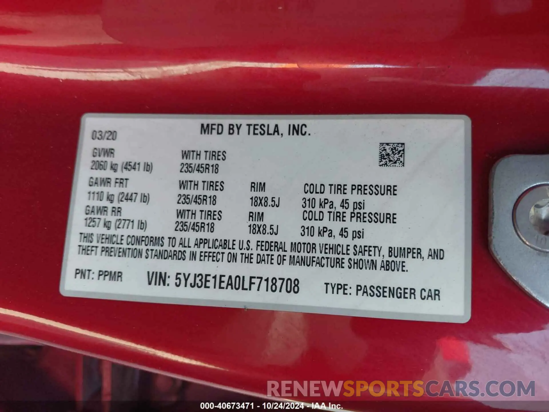 9 fotografías del automóvil dañado 5YJ3E1EA0LF718708 TESLA MODEL 3 2020