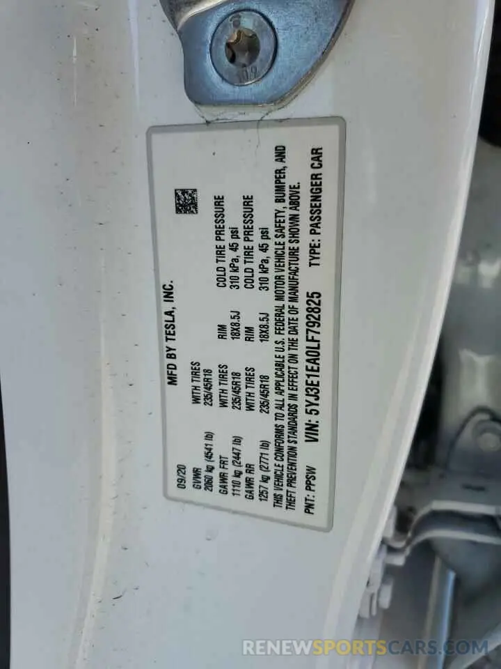 13 fotografías del automóvil dañado 5YJ3E1EA0LF792825 TESLA MODEL 3 2020
