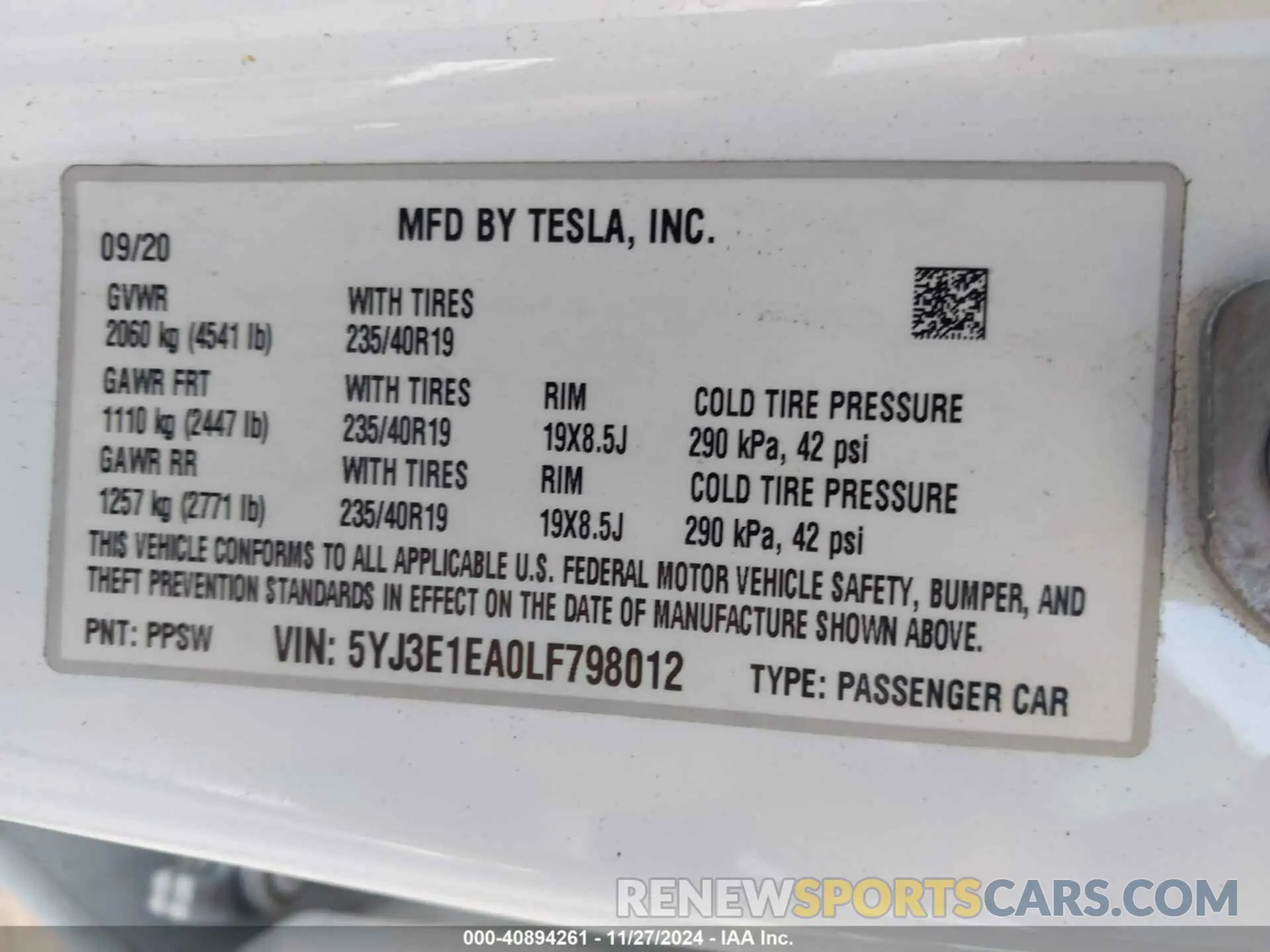 9 fotografías del automóvil dañado 5YJ3E1EA0LF798012 TESLA MODEL 3 2020