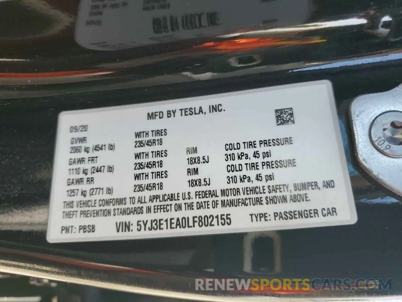 12 fotografías del automóvil dañado 5YJ3E1EA0LF802155 TESLA MODEL 3 2020
