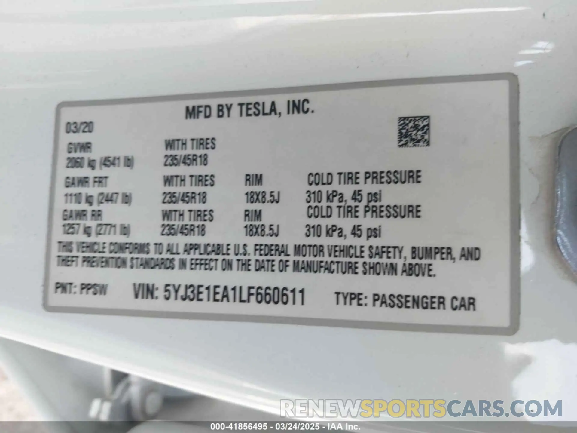 9 fotografías del automóvil dañado 5YJ3E1EA1LF660611 TESLA MODEL 3 2020