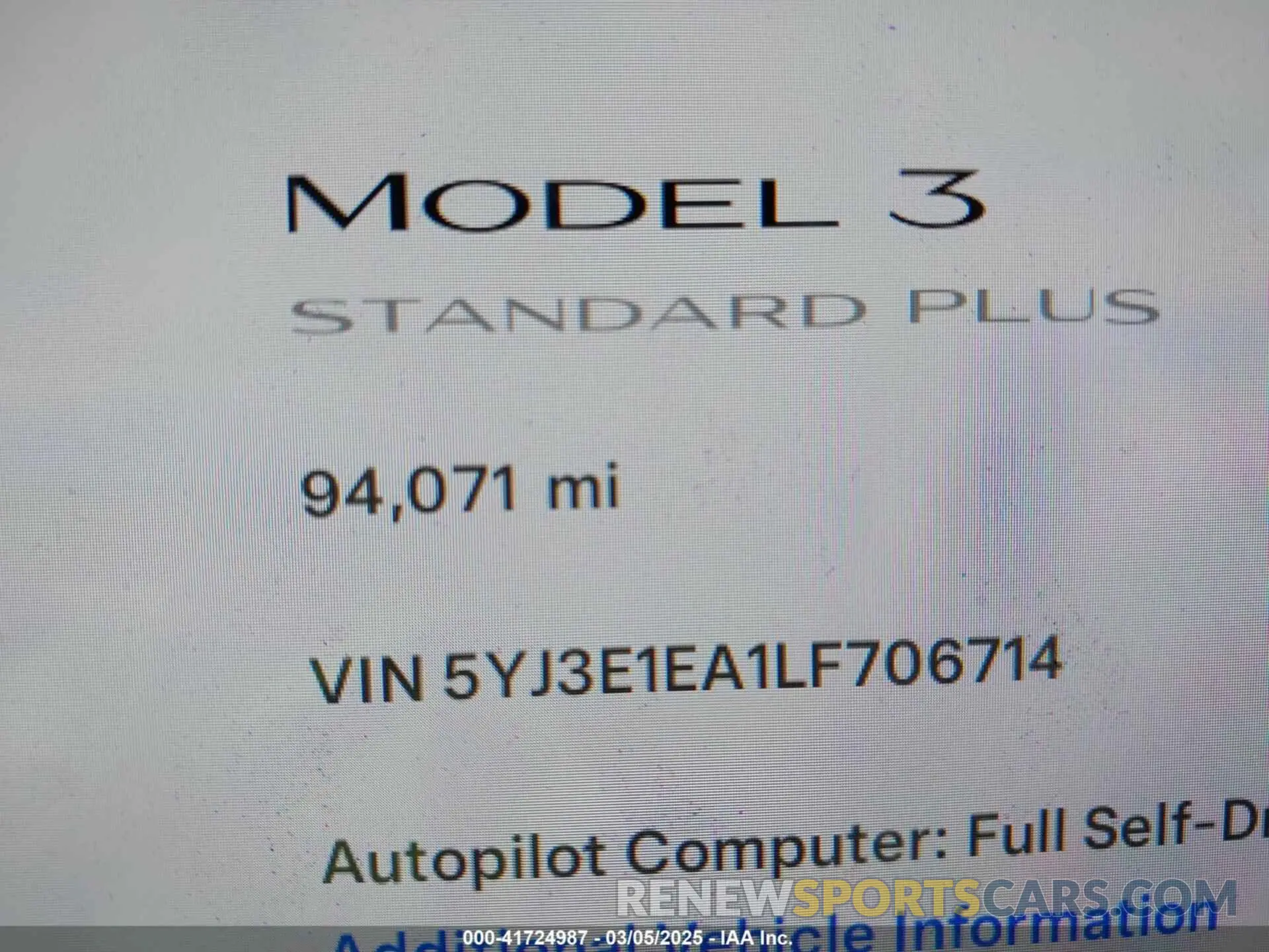 16 fotografías del automóvil dañado 5YJ3E1EA1LF706714 TESLA MODEL 3 2020