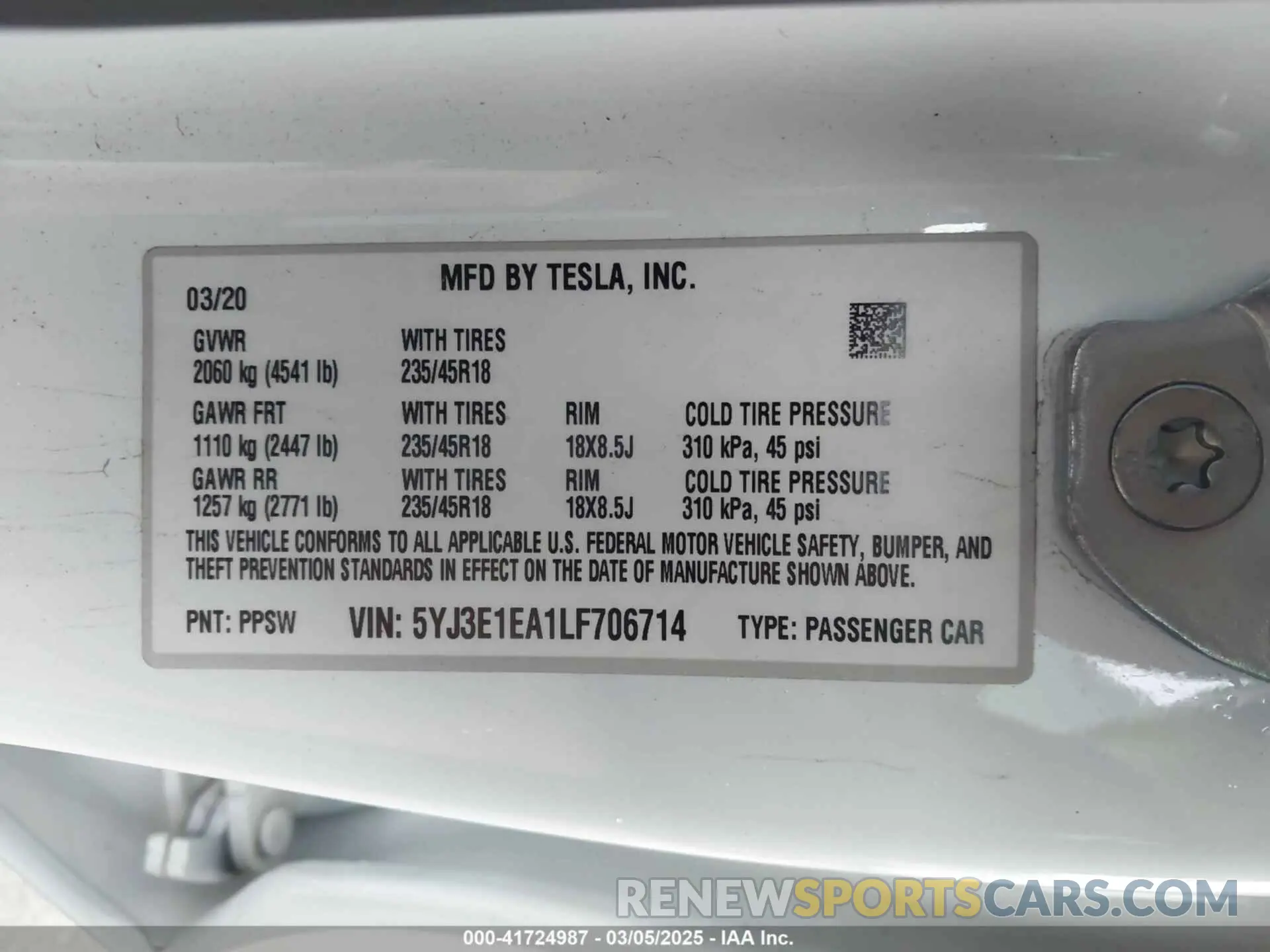 9 fotografías del automóvil dañado 5YJ3E1EA1LF706714 TESLA MODEL 3 2020