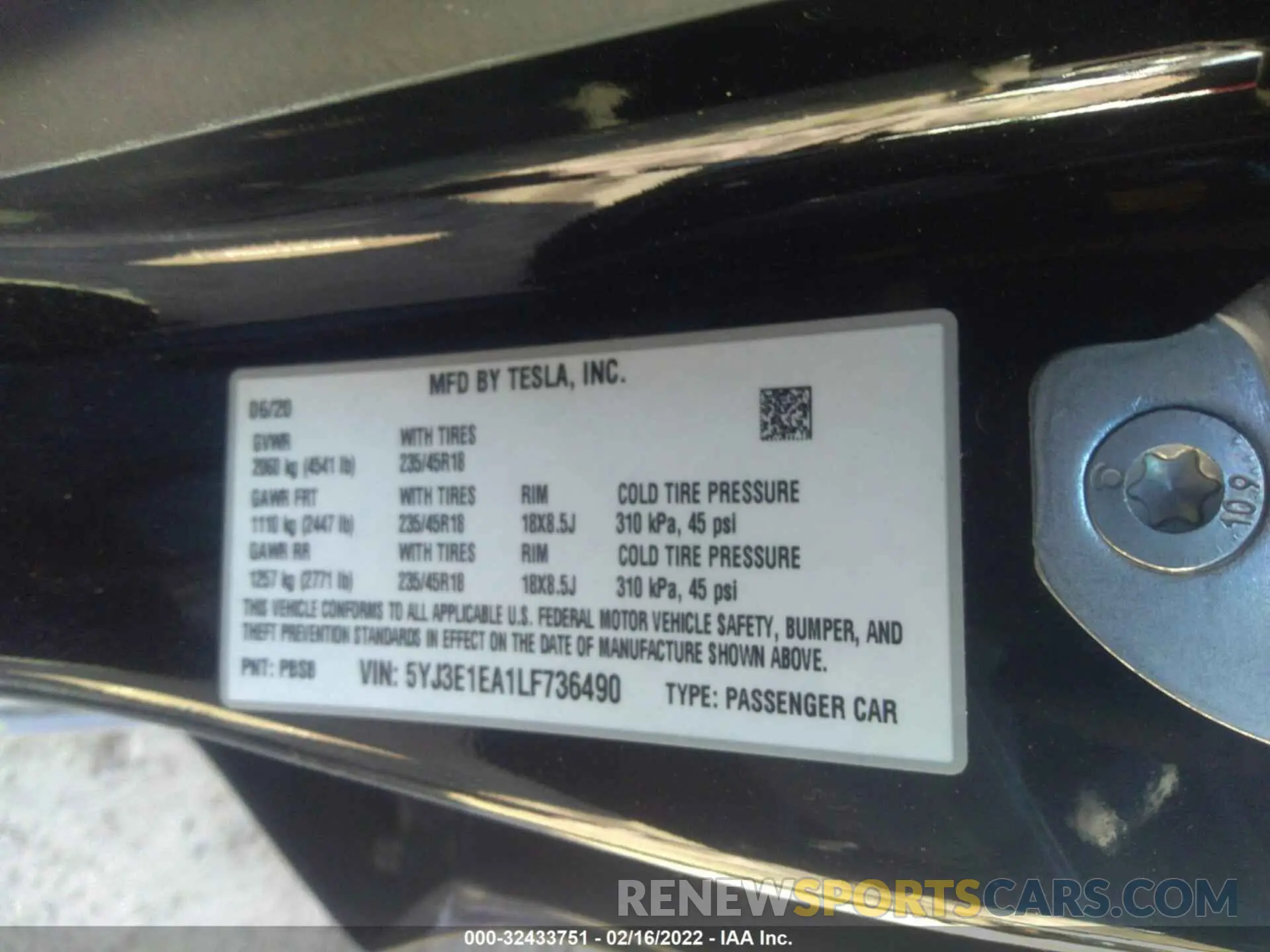 9 fotografías del automóvil dañado 5YJ3E1EA1LF736490 TESLA MODEL 3 2020