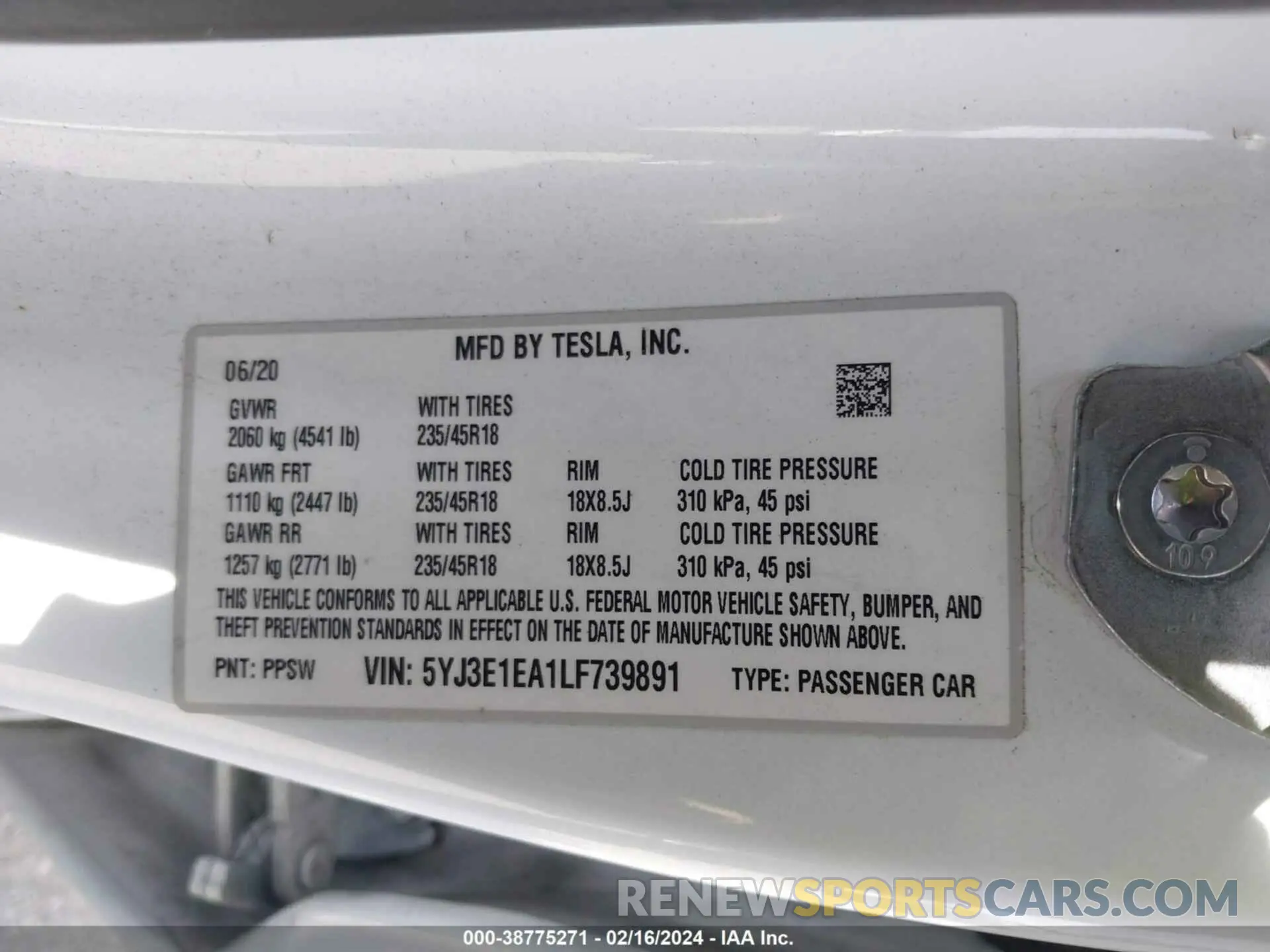 9 fotografías del automóvil dañado 5YJ3E1EA1LF739891 TESLA MODEL 3 2020