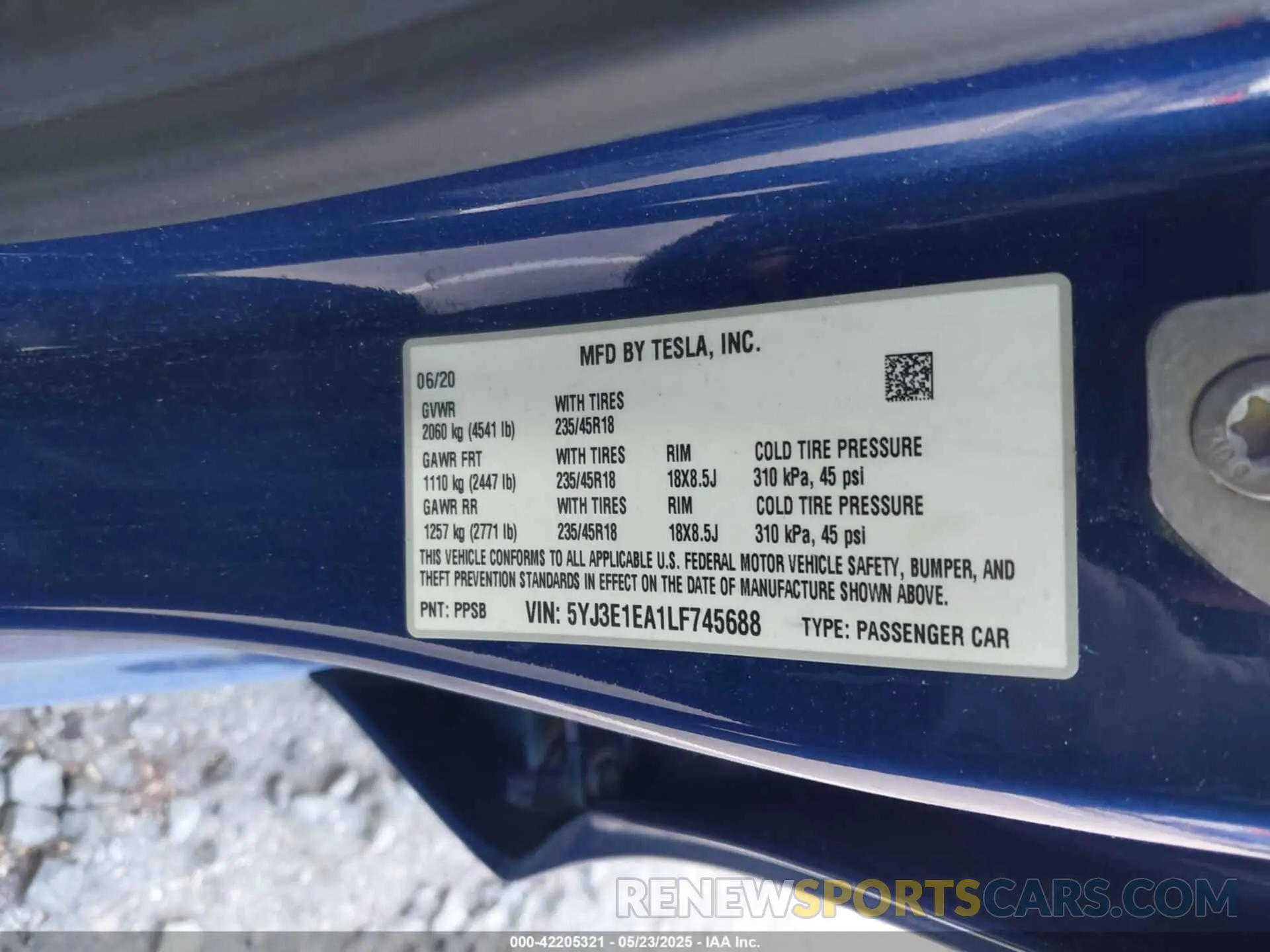 9 fotografías del automóvil dañado 5YJ3E1EA1LF745688 TESLA MODEL 3 2020