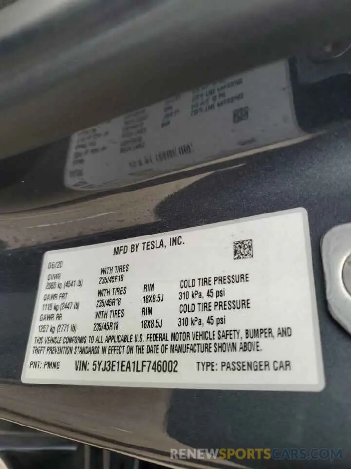 12 fotografías del automóvil dañado 5YJ3E1EA1LF746002 TESLA MODEL 3 2020
