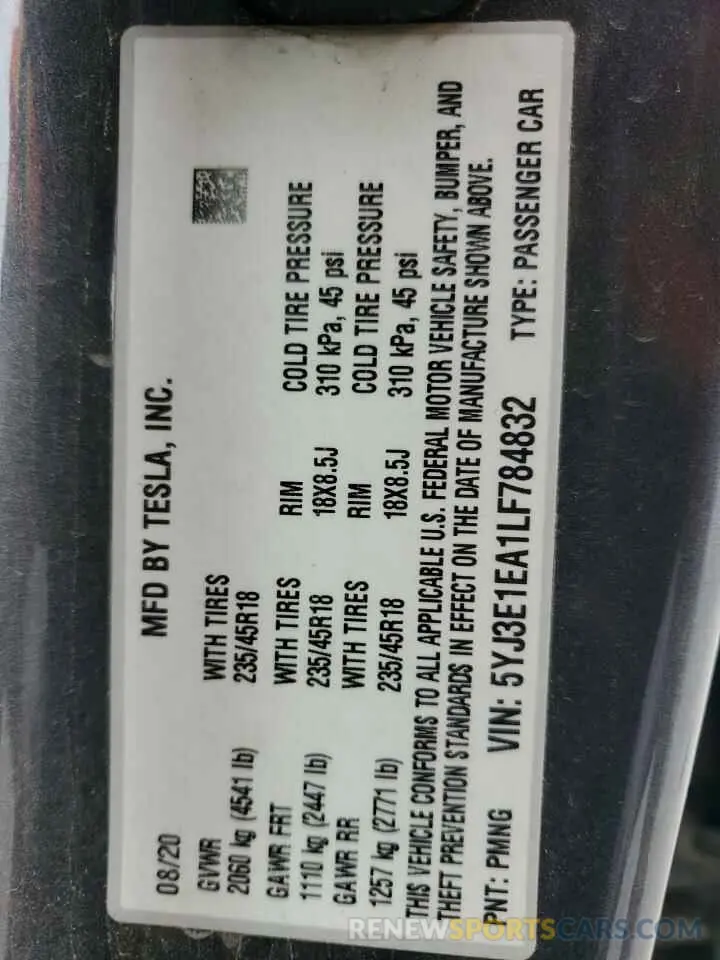 12 fotografías del automóvil dañado 5YJ3E1EA1LF784832 TESLA MODEL 3 2020