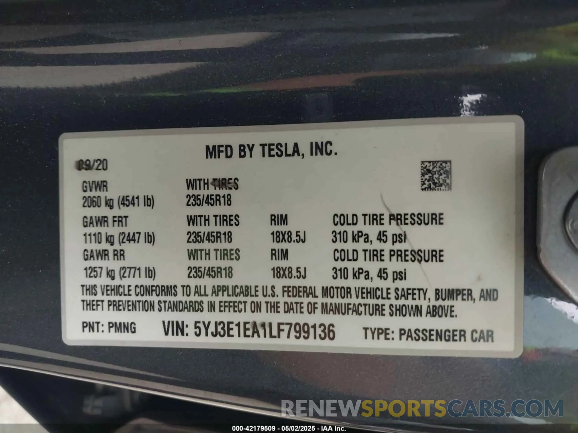 9 fotografías del automóvil dañado 5YJ3E1EA1LF799136 TESLA MODEL 3 2020