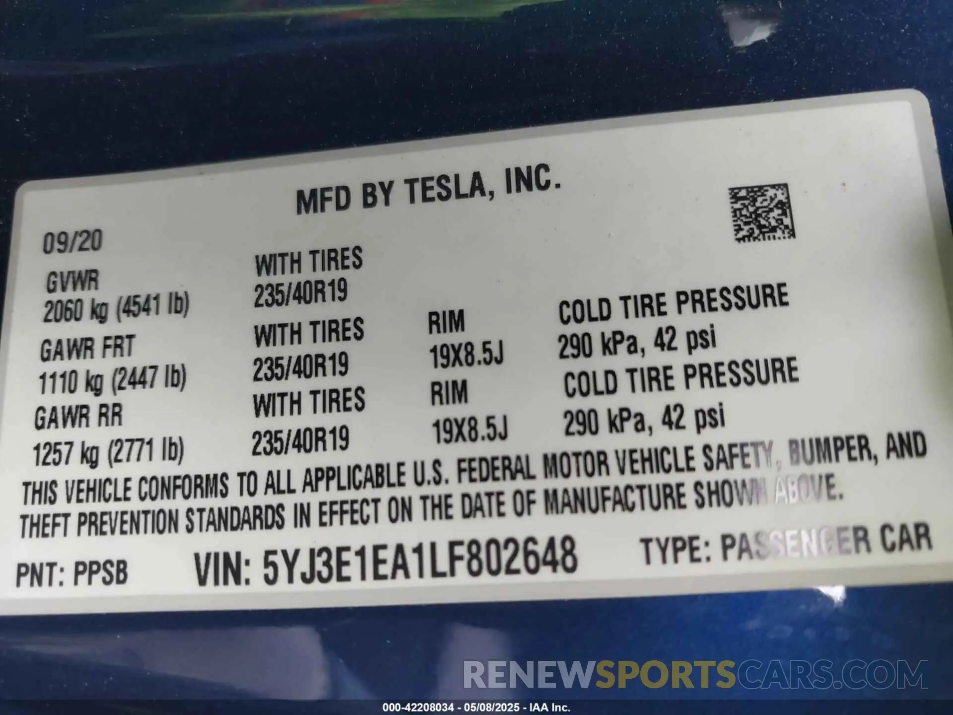 9 fotografías del automóvil dañado 5YJ3E1EA1LF802648 TESLA MODEL 3 2020