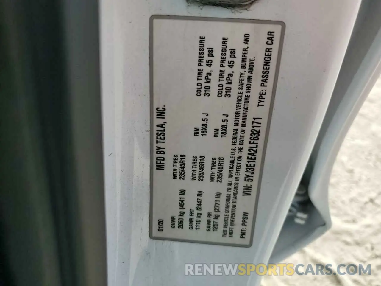 12 fotografías del automóvil dañado 5YJ3E1EA2LF632171 TESLA MODEL 3 2020