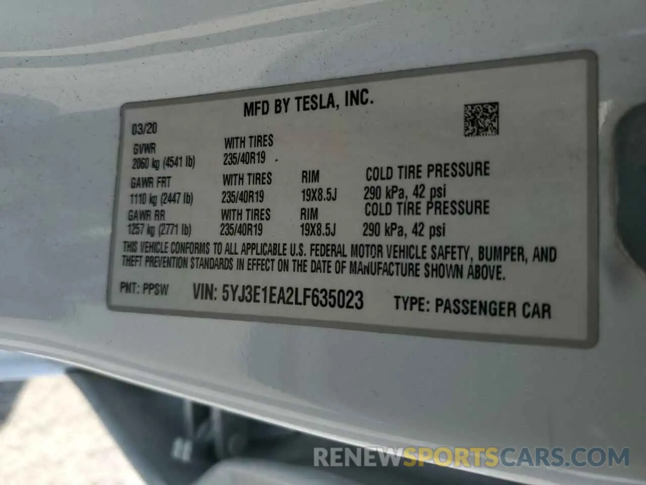 13 fotografías del automóvil dañado 5YJ3E1EA2LF635023 TESLA MODEL 3 2020