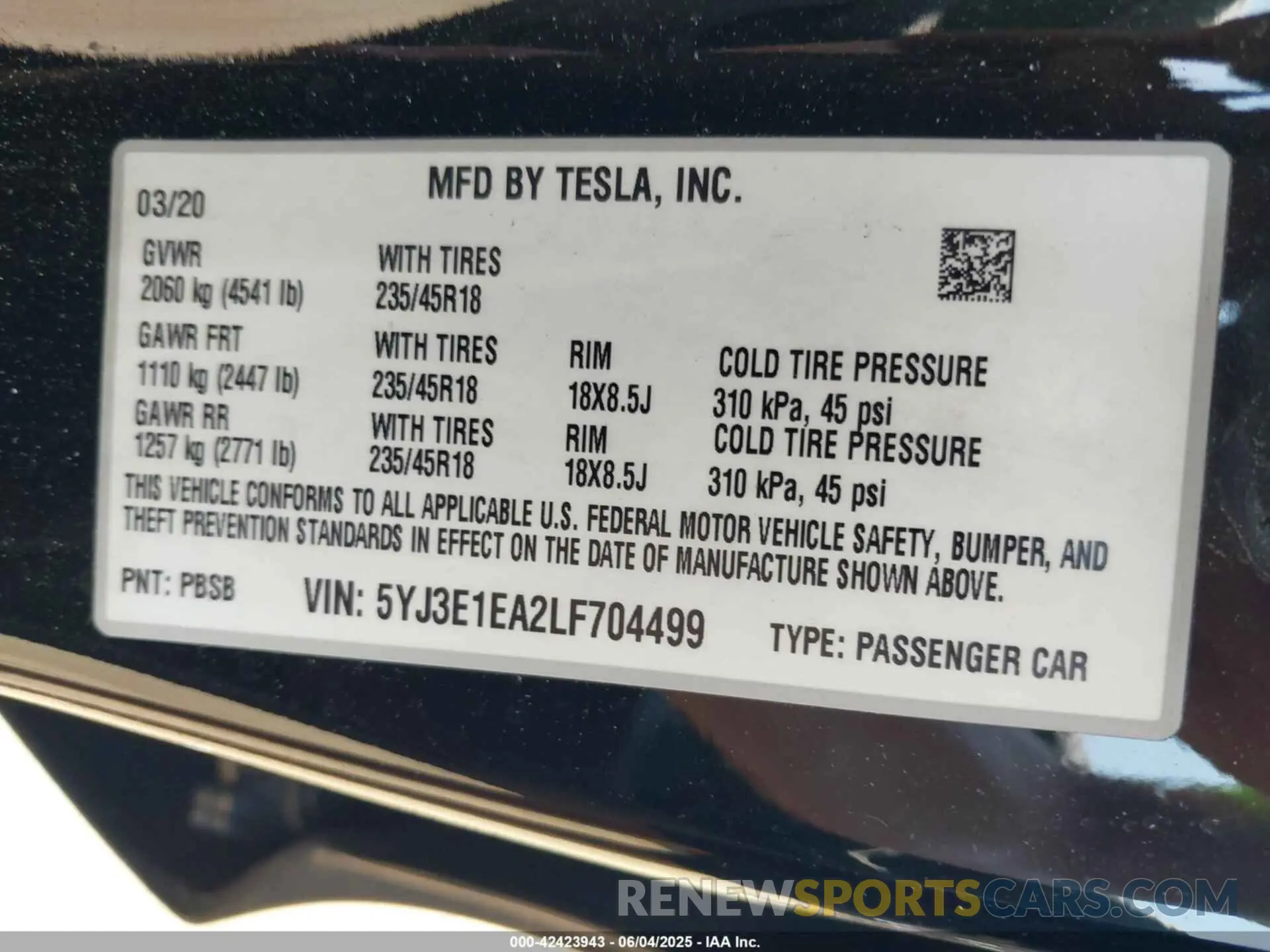 9 fotografías del automóvil dañado 5YJ3E1EA2LF704499 TESLA MODEL 3 2020