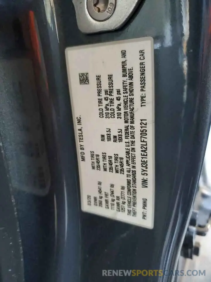 13 fotografías del automóvil dañado 5YJ3E1EA2LF705121 TESLA MODEL 3 2020