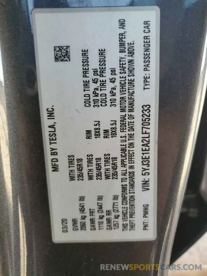 12 fotografías del automóvil dañado 5YJ3E1EA2LF705233 TESLA MODEL 3 2020