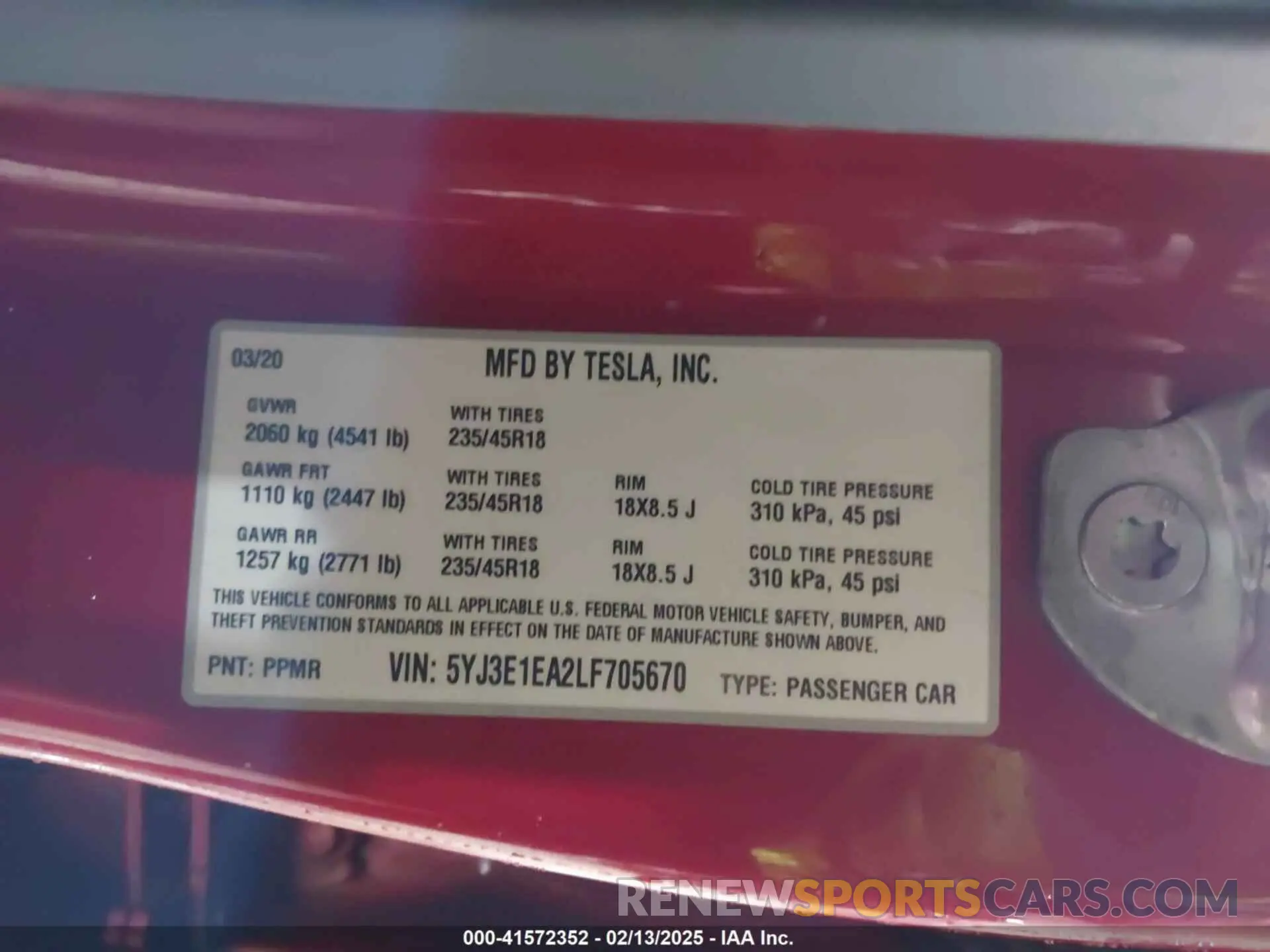 9 fotografías del automóvil dañado 5YJ3E1EA2LF705670 TESLA MODEL 3 2020