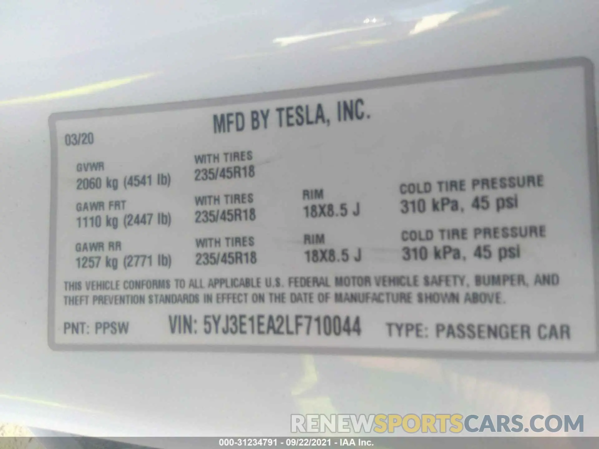 9 fotografías del automóvil dañado 5YJ3E1EA2LF710044 TESLA MODEL 3 2020